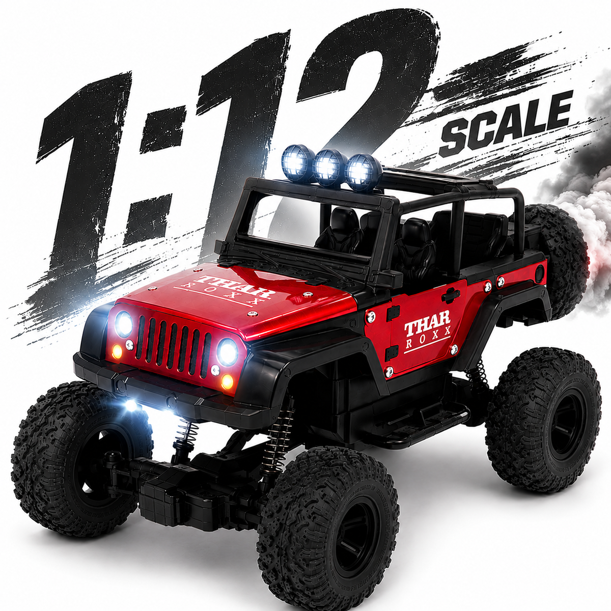 1:12 Scale Thar Roxx Monster RC Car with Metallic Body, 4-Wheel Shock Absorbers, LED Lights, Water Mist Spray & Type-C Charging – Remote Controlled Off-Road Crawler