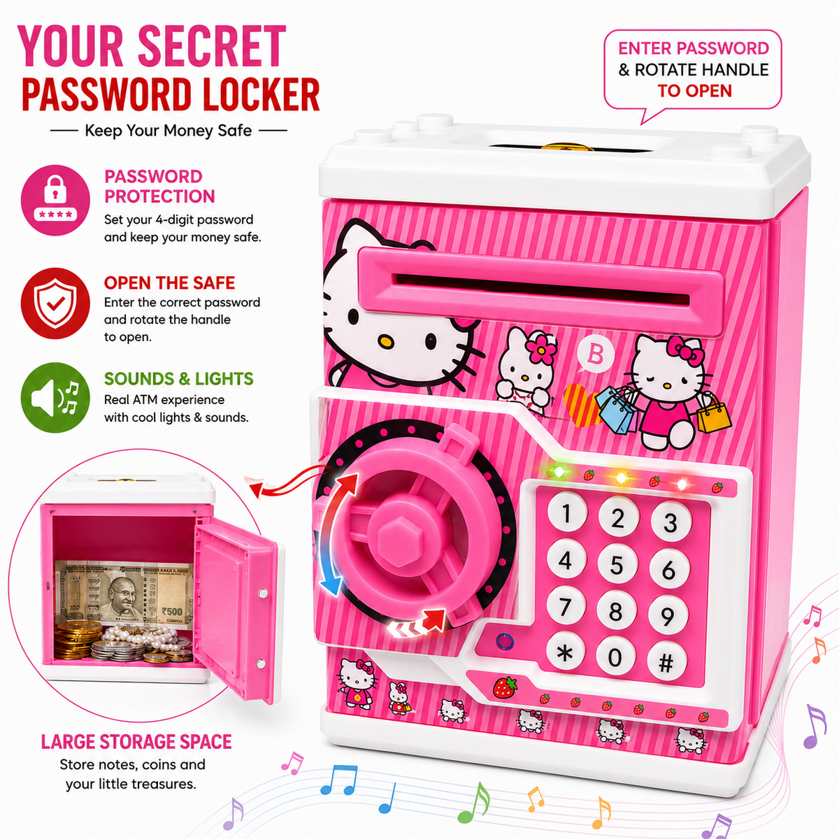 Hello Kitty Electronic ATM Money Bank for Kids with Password Lock | Auto Cash Deposit, Coin Saving, Sound & Light Educational Piggy Bank for Boys & Girls (Copy)