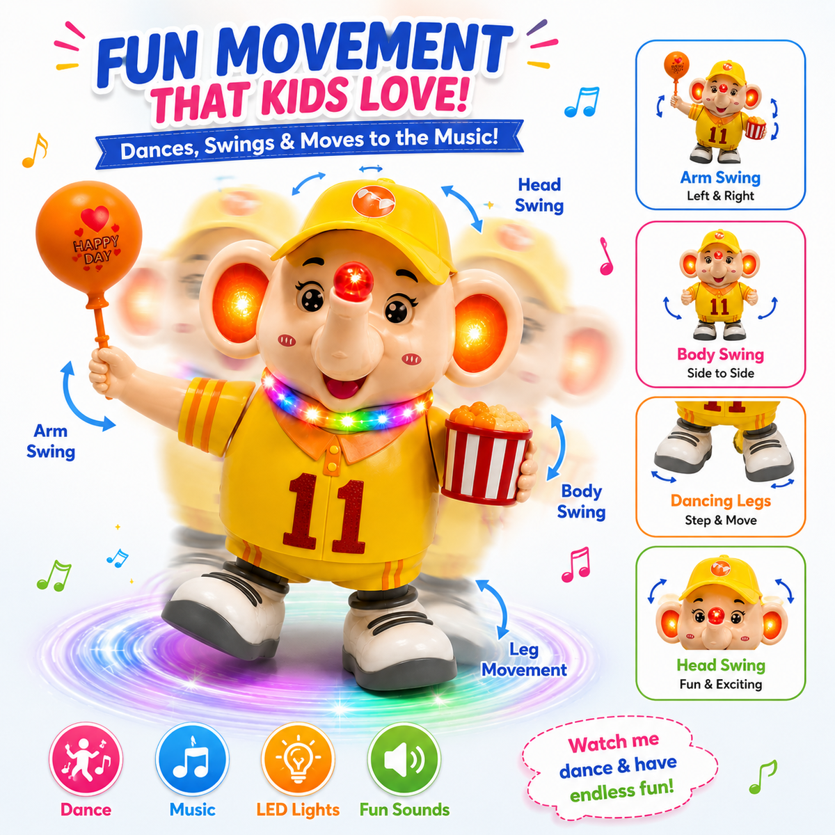 Dancing Elephant Toy with Music & Colorful LED Lights | Battery Operated Walking Duck for Kids & Toddlers
