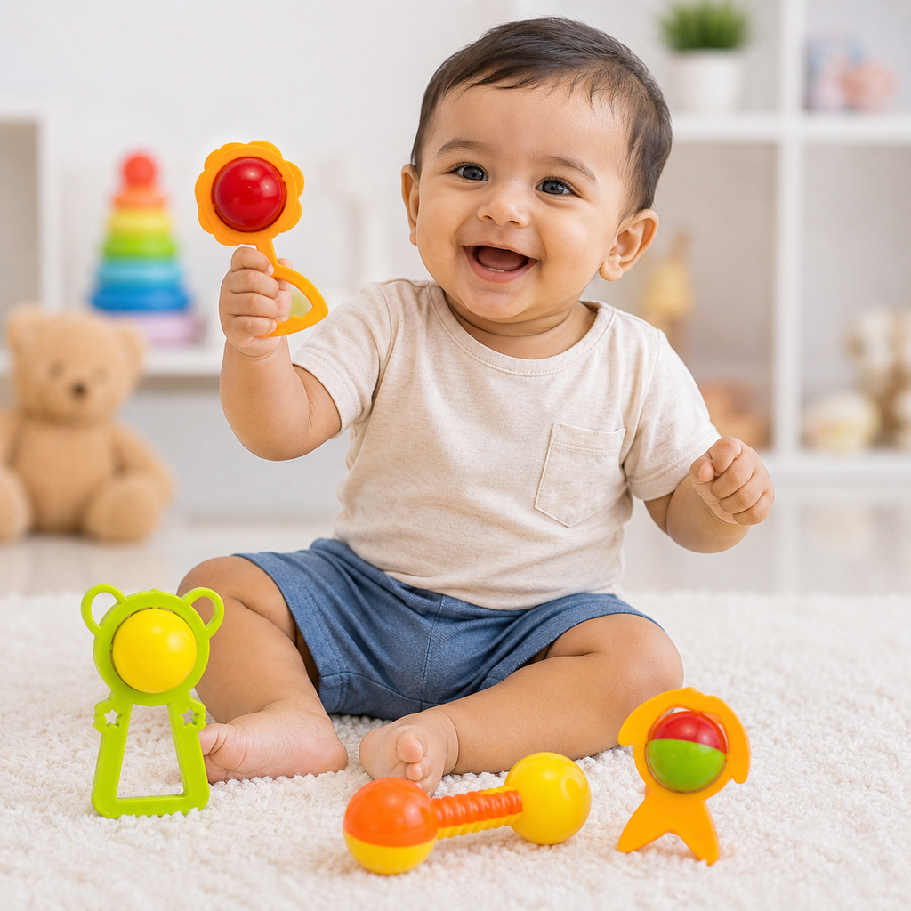 Baby Rattle Toy Set ( 4-Piece ) for Infants & Toddlers – Colorful Flower, Bear, Dumbbell & Character Rattles, Fun Shake & Play Toys for Babies