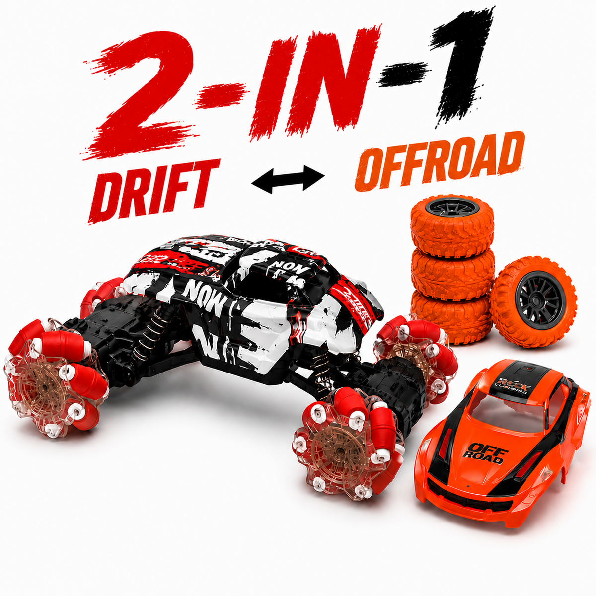 2-in-1 Transform RC Drift & Off-Road Car Toy with Changeable Wheels & Body, 2.4GHz Remote Control, Rechargeable LED Stunt Car for Kids Boys & Girls