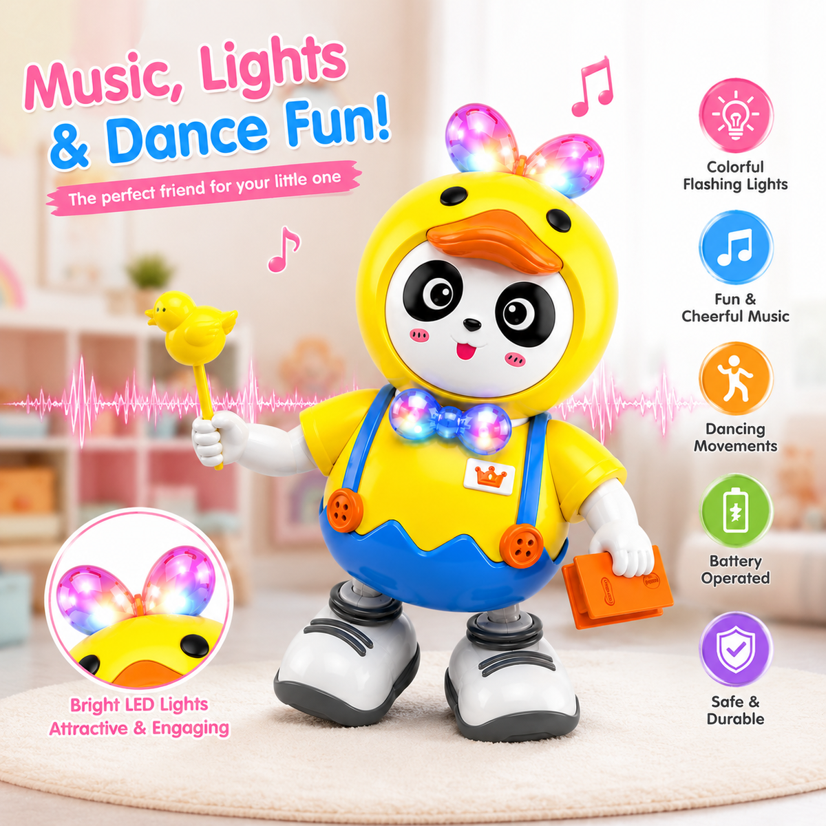Dancing Panda with Music, Light & Moving Arms | LED Bunny Toy for Boys Girls | Cute Animal Toy Gift for Kids