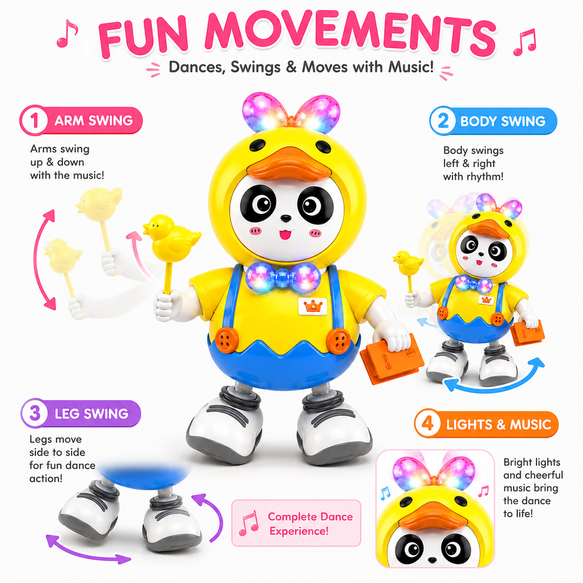 Dancing Panda with Music, Light & Moving Arms | LED Bunny Toy for Boys Girls | Cute Animal Toy Gift for Kids