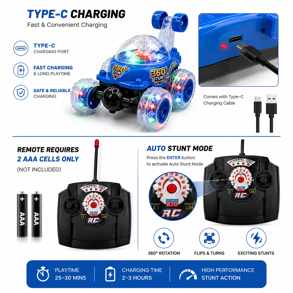 360° RC Stunt Car with LED Glowing Wheels, USB Type-C Rechargeable, Music & Double-Sided Driving Remote Control Toy for Boys & Girls Age 3+