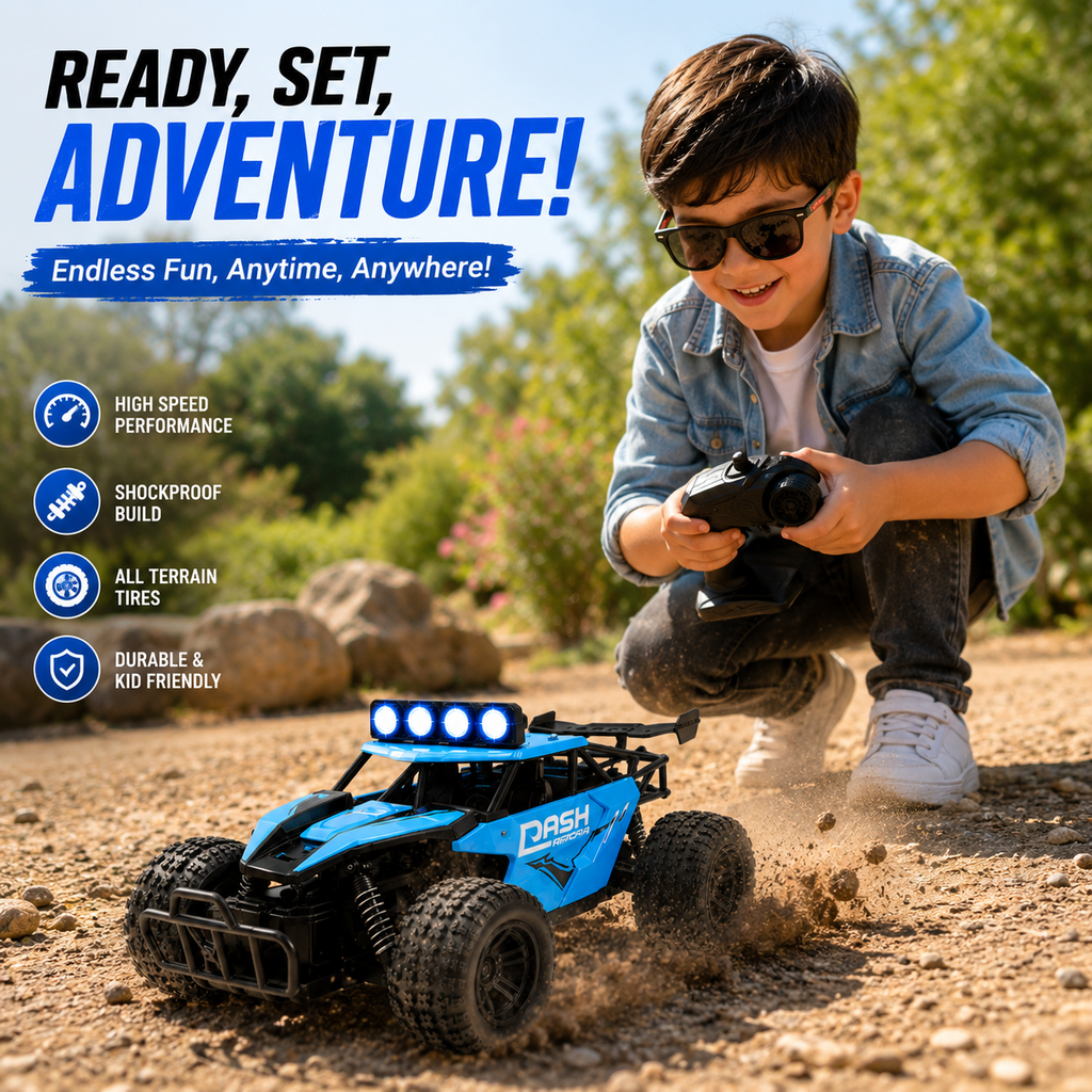 High-Speed Rechargeable RC Off-Road Racing Car with LED Lights, USB Charging, Remote Control, Big Rubber Tires & Suspension – 1:16 Scale Toy for Boys & Girls (Blue)