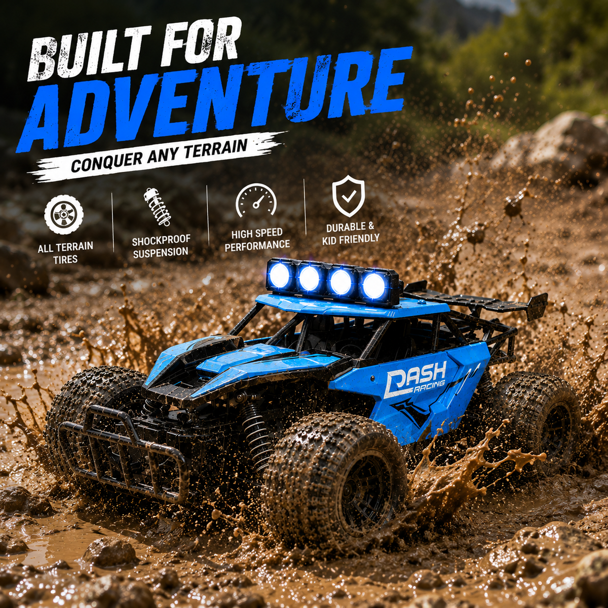 High-Speed Rechargeable RC Off-Road Racing Car with LED Lights, USB Charging, Remote Control, Big Rubber Tires & Suspension – 1:16 Scale Toy for Boys & Girls (Blue)