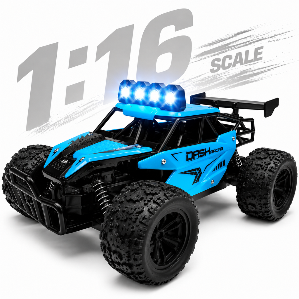 High-Speed Rechargeable RC Off-Road Racing Car with LED Lights, USB Charging, Remote Control, Big Rubber Tires & Suspension – 1:16 Scale Toy for Boys & Girls (Blue)