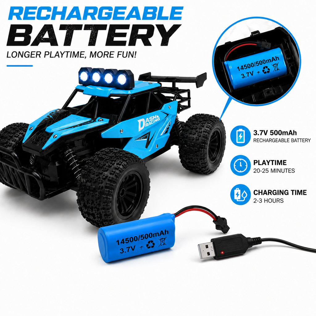 High-Speed Rechargeable RC Off-Road Racing Car with LED Lights, USB Charging, Remote Control, Big Rubber Tires & Suspension – 1:16 Scale Toy for Boys & Girls (Blue)