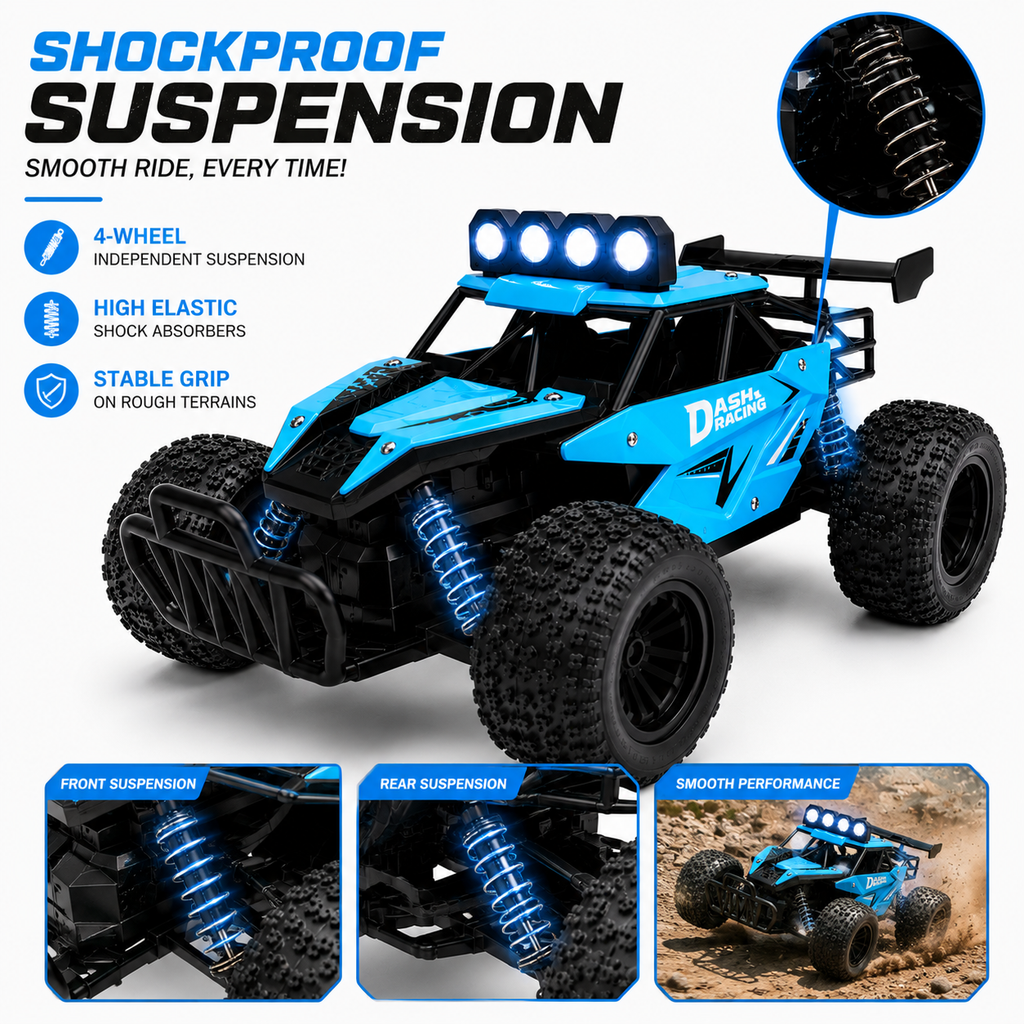 High-Speed Rechargeable RC Off-Road Racing Car with LED Lights, USB Charging, Remote Control, Big Rubber Tires & Suspension – 1:16 Scale Toy for Boys & Girls (Blue)