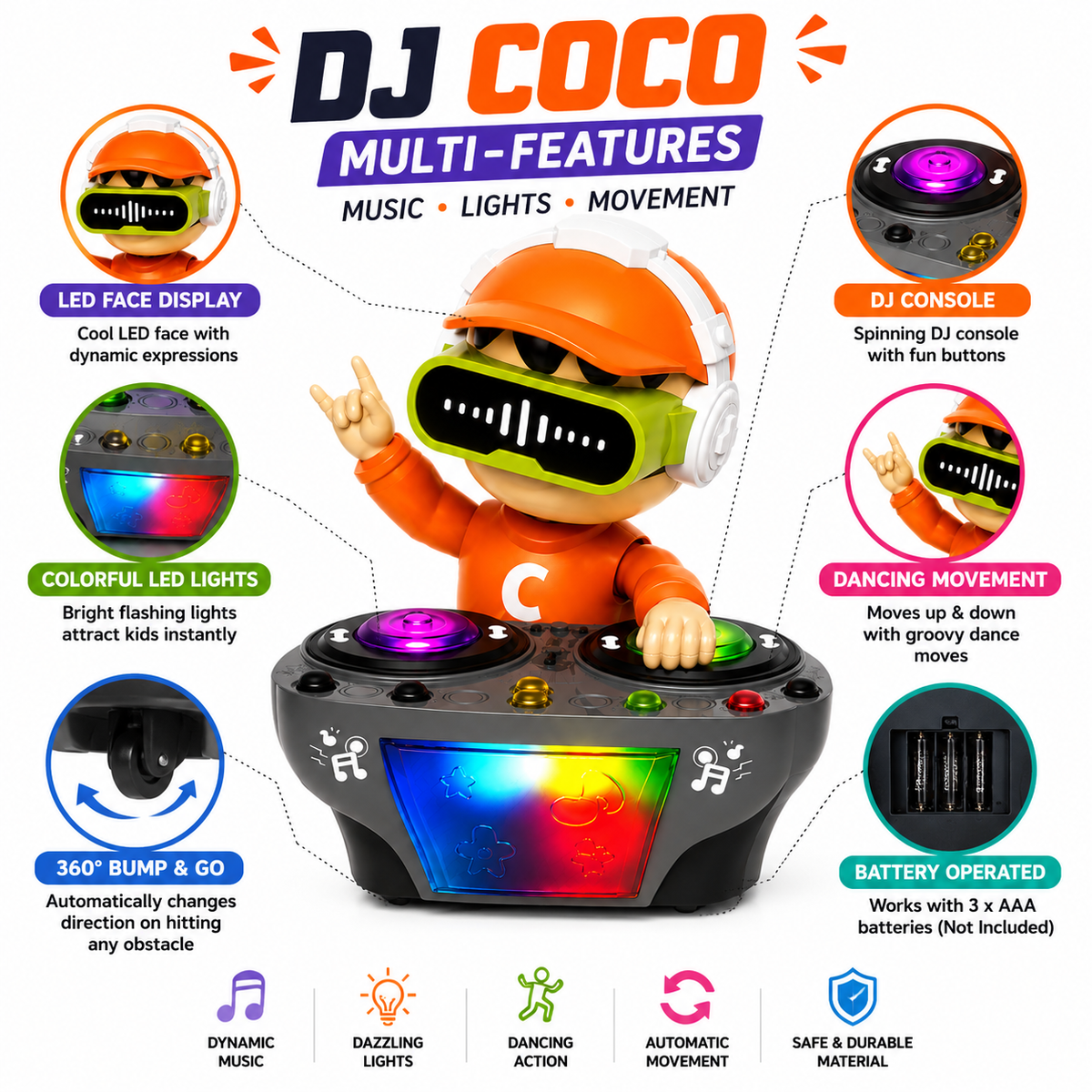 DJ Dancing Musical Robot Toys for Kids | Rock Bump & Go Action with Sound Music LED Light Battery Operated Baby Toys for Toddlers | Birthday Gift for Kids Children Boys & Girls