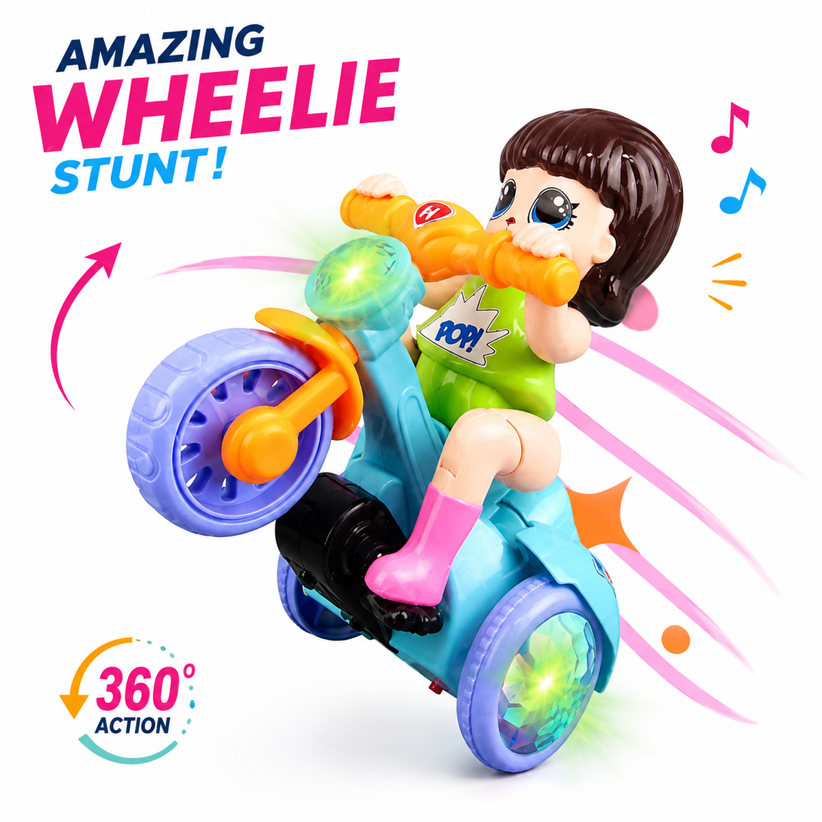 360° Stunt Tricycle Toy for Kids | Automatic Wheelie Bike with LED Flashing Lights, Music & Bump & Go Action | Battery Operated Toy for Boys & Girls
