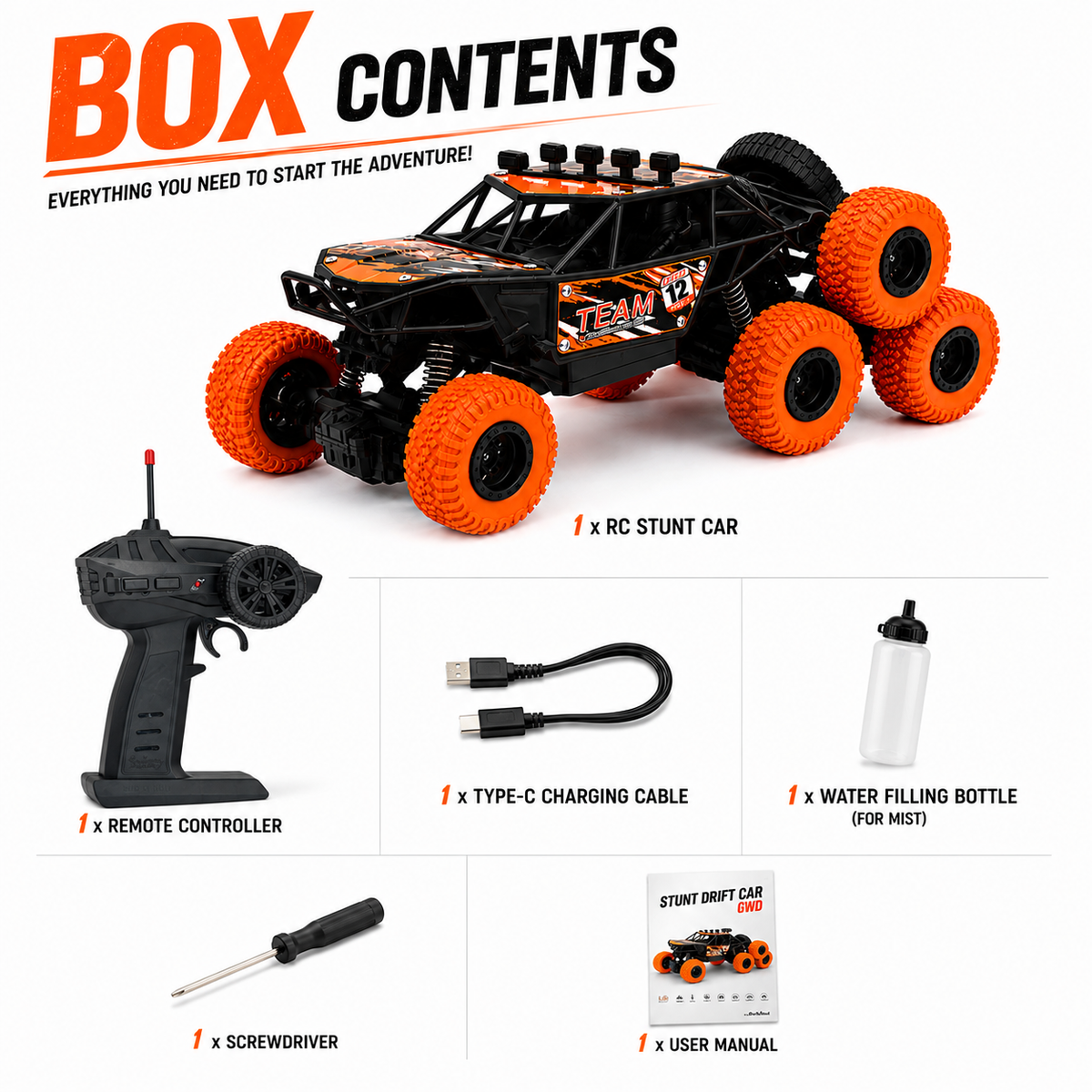 6 Wheel RC Rock Climbing Car with Real Mist Spray, Type-C Fast Charging & LED Lights | 2.4GHz Remote Control Off-Road Crawler for Kids