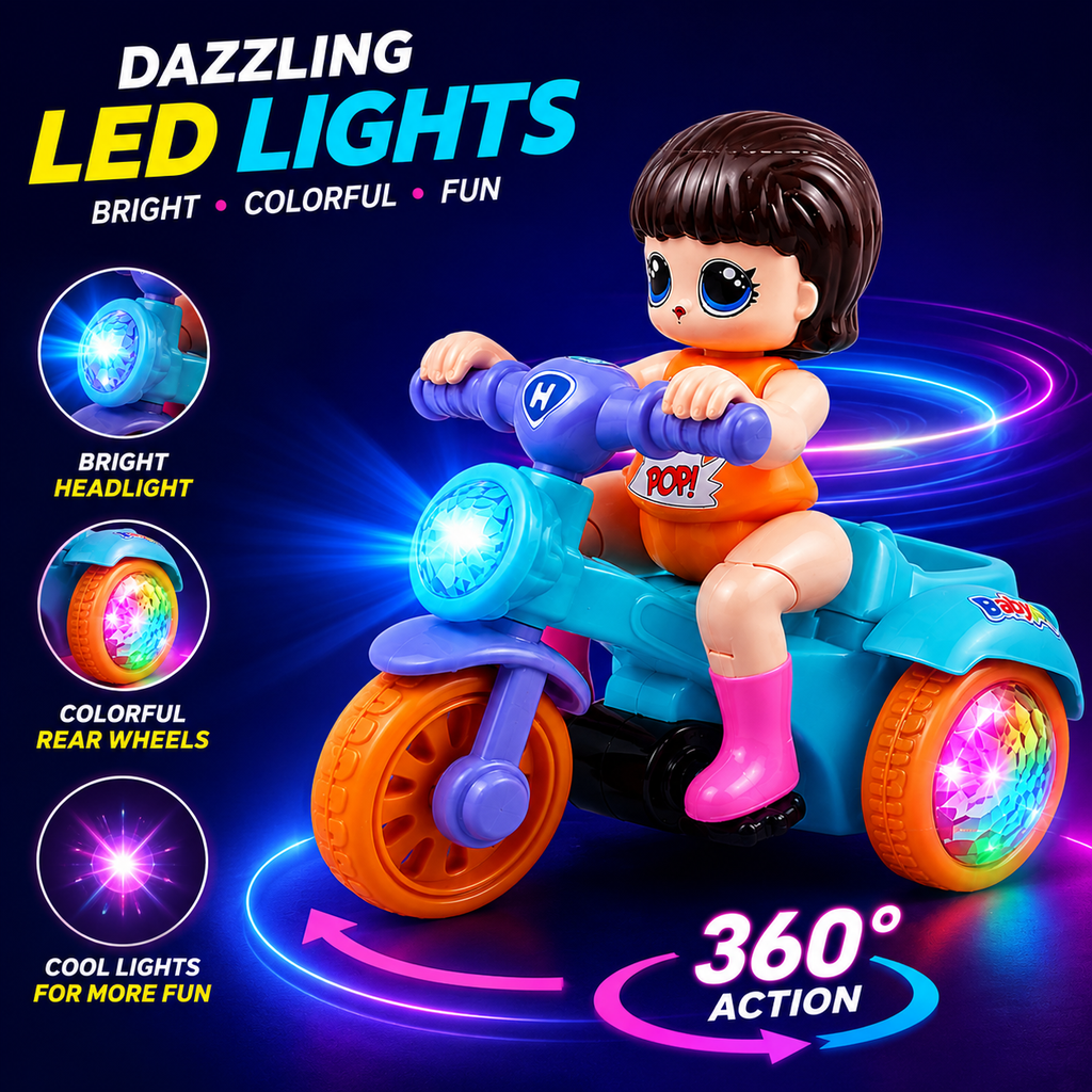 360° Stunt Tricycle Toy for Kids | Automatic Wheelie Bike with LED Flashing Lights, Music & Bump & Go Action | Battery Operated Toy for Boys & Girls