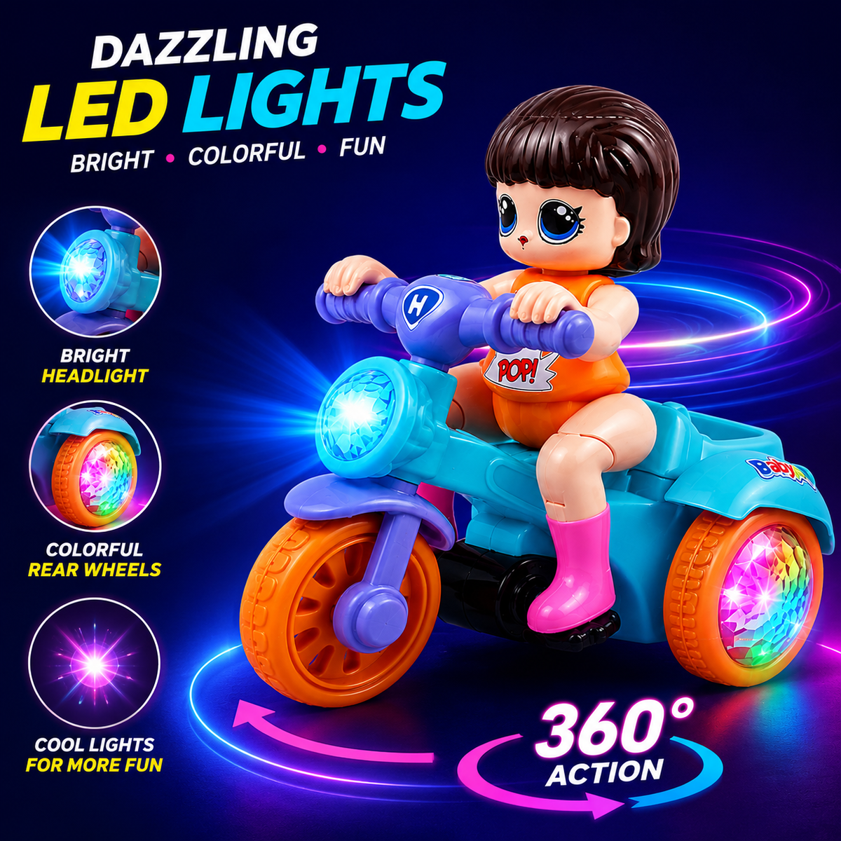 360° Stunt Tricycle Toy for Kids | Automatic Wheelie Bike with LED Flashing Lights, Music & Bump & Go Action | Battery Operated Toy for Boys & Girls