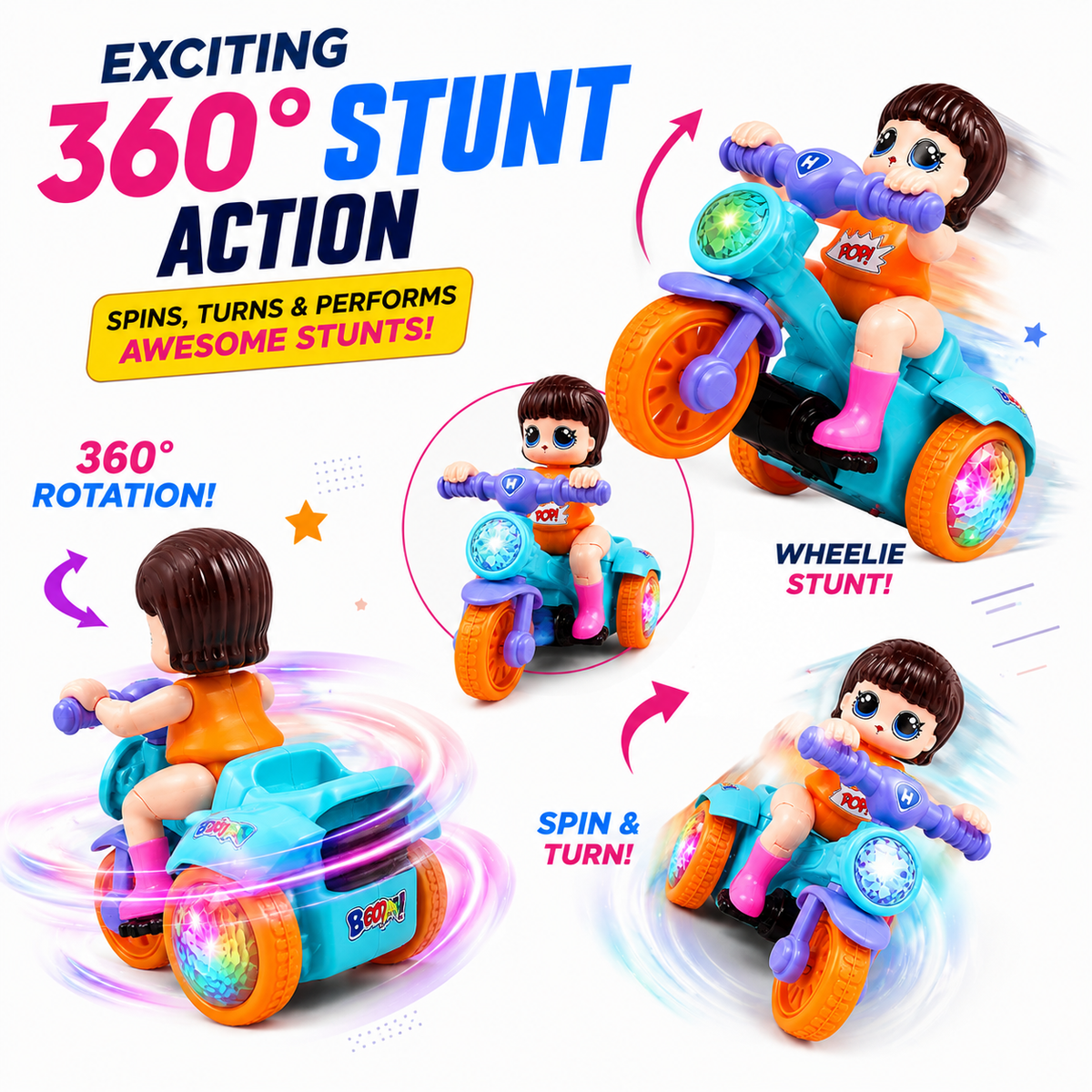 360° Stunt Tricycle Toy for Kids | Automatic Wheelie Bike with LED Flashing Lights, Music & Bump & Go Action | Battery Operated Toy for Boys & Girls