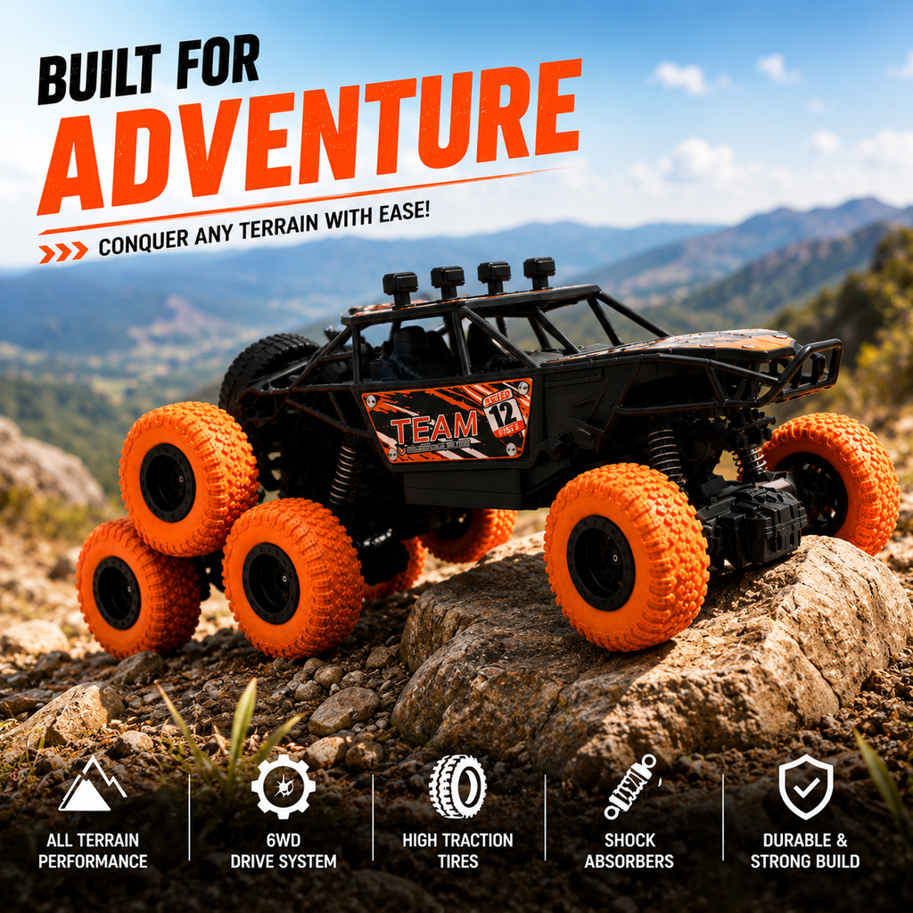 6 Wheel RC Rock Climbing Car with Real Mist Spray, Type-C Fast Charging & LED Lights | 2.4GHz Remote Control Off-Road Crawler for Kids