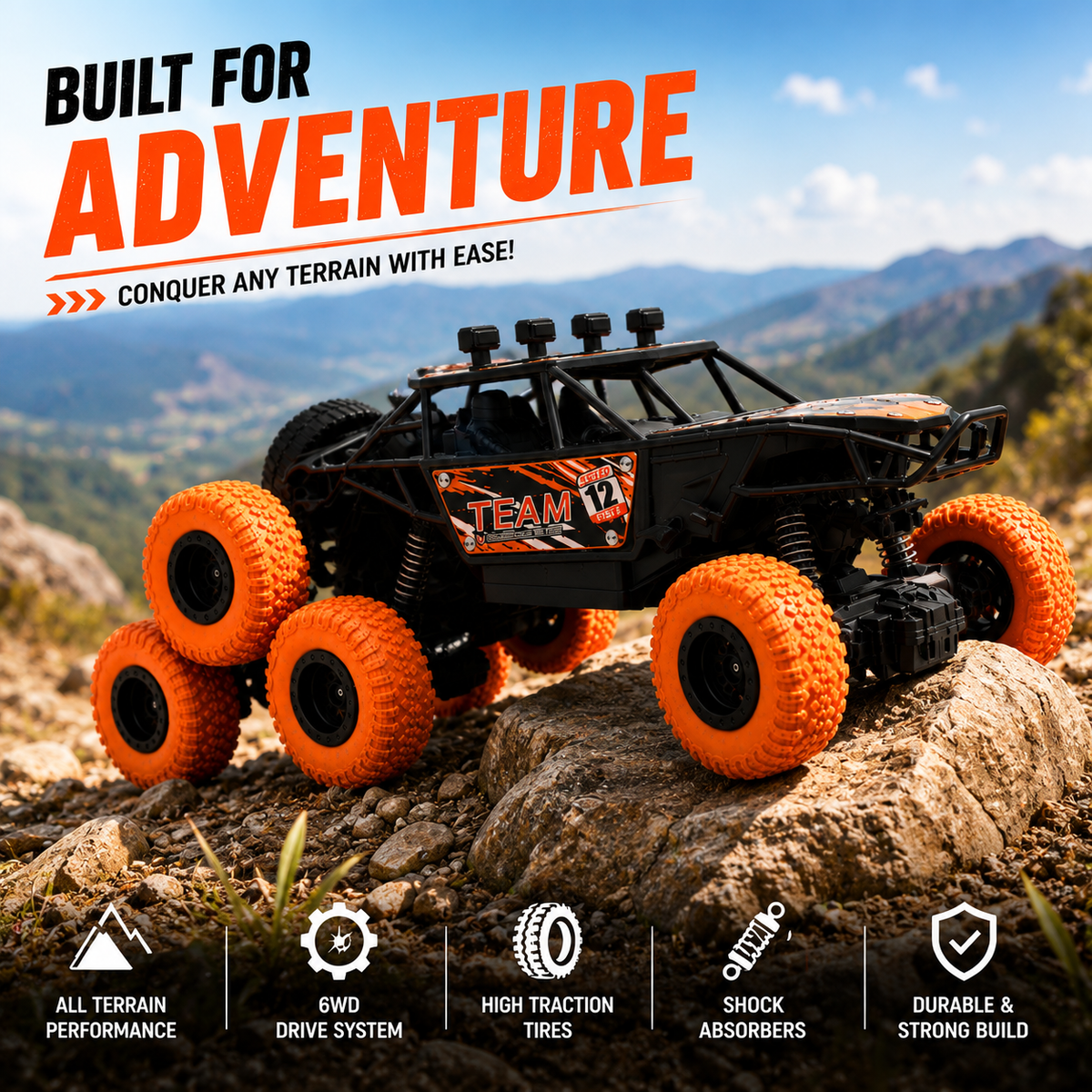 6 Wheel RC Rock Climbing Car with Real Mist Spray, Type-C Fast Charging & LED Lights | 2.4GHz Remote Control Off-Road Crawler for Kids