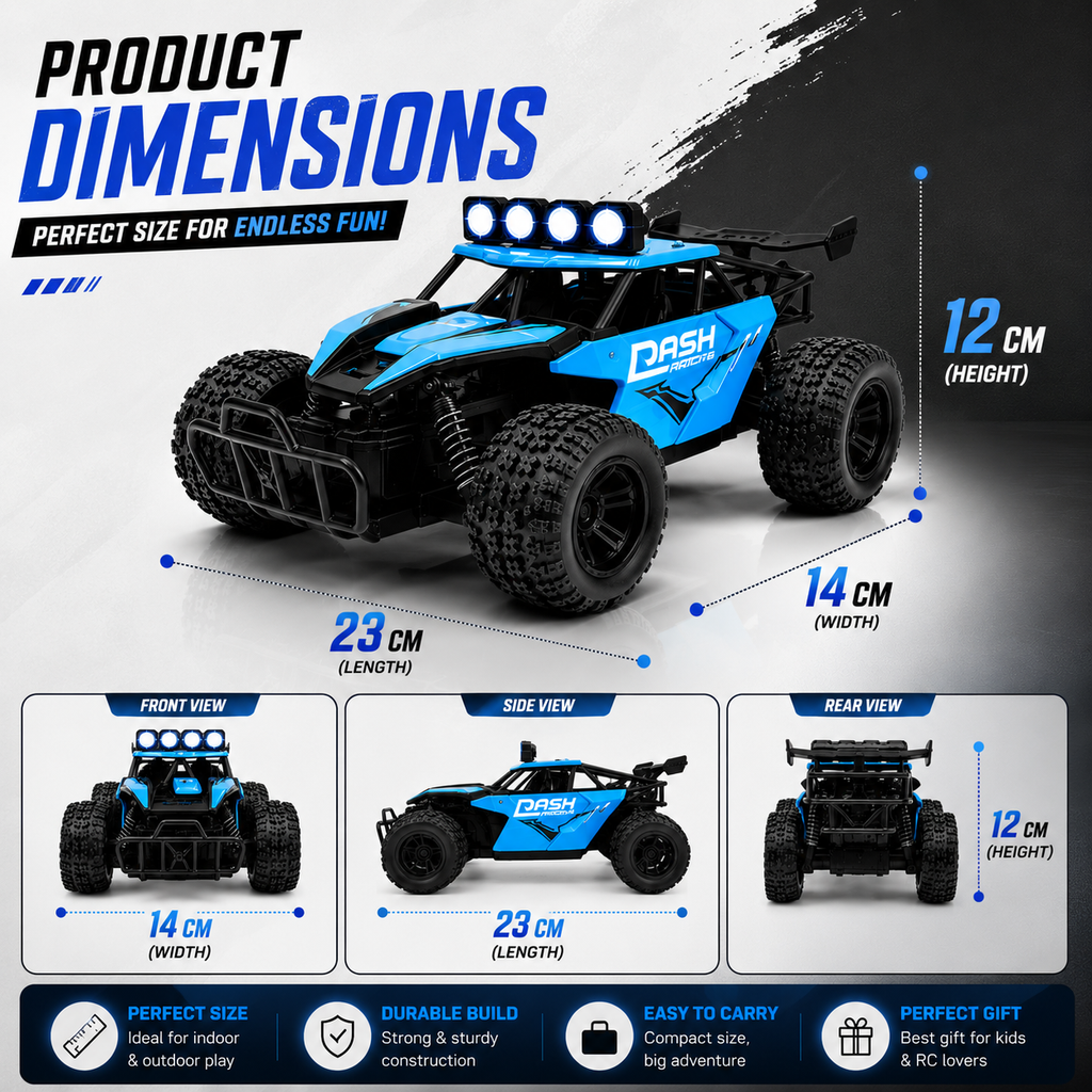 High-Speed Rechargeable RC Off-Road Racing Car with LED Lights, USB Charging, Remote Control, Big Rubber Tires & Suspension – 1:16 Scale Toy for Boys & Girls (Blue)
