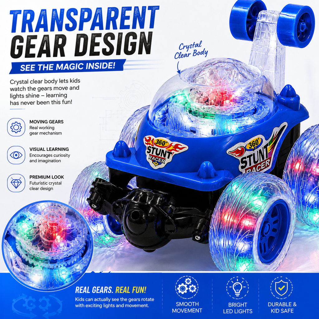 360° RC Stunt Car with LED Glowing Wheels, USB Type-C Rechargeable, Music & Double-Sided Driving Remote Control Toy for Boys & Girls Age 3+