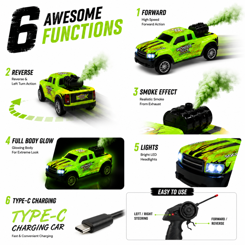 Glowing RC Truck with Full Body Glow, Real Mist Smoke Effect, Type-C Rechargeable RC Pickup Truck with LED Lights & 2.4GHz Remote for Kids Boys & Girls