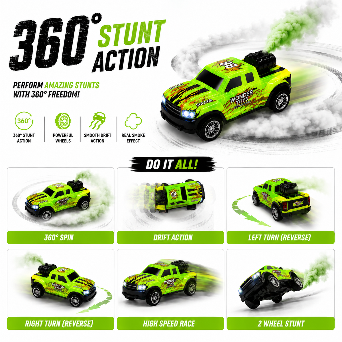 Glowing RC Truck with Full Body Glow, Real Mist Smoke Effect, Type-C Rechargeable RC Pickup Truck with LED Lights & 2.4GHz Remote for Kids Boys & Girls