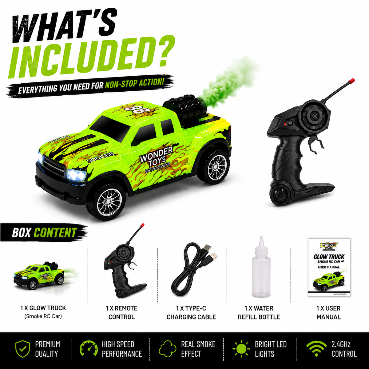 Glowing RC Truck with Full Body Glow, Real Mist Smoke Effect, Type-C Rechargeable RC Pickup Truck with LED Lights & 2.4GHz Remote for Kids Boys & Girls