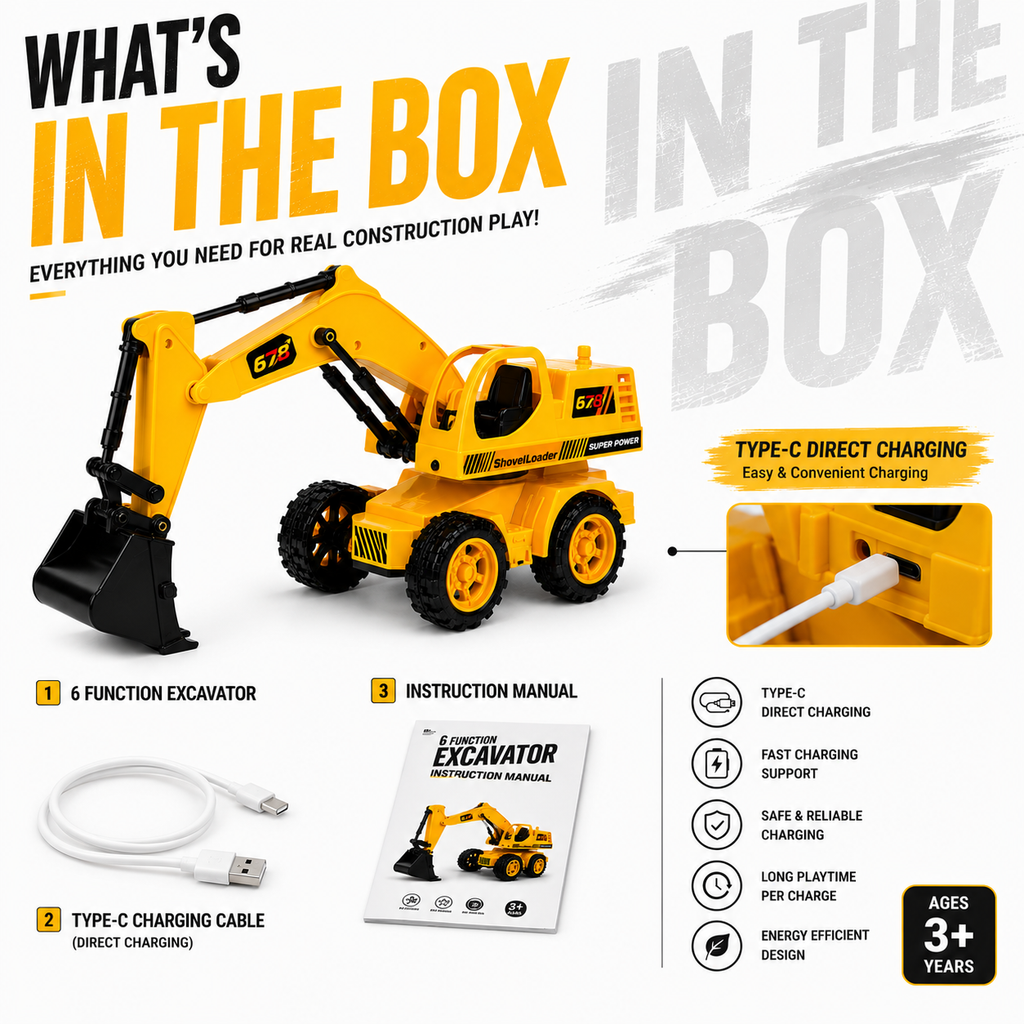 6 Function RC Excavator – Fully Functional Construction Toy with Type-C Charging