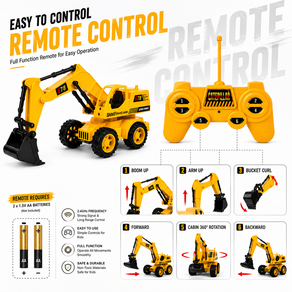 6 Function RC Excavator – Fully Functional Construction Toy with Type-C Charging