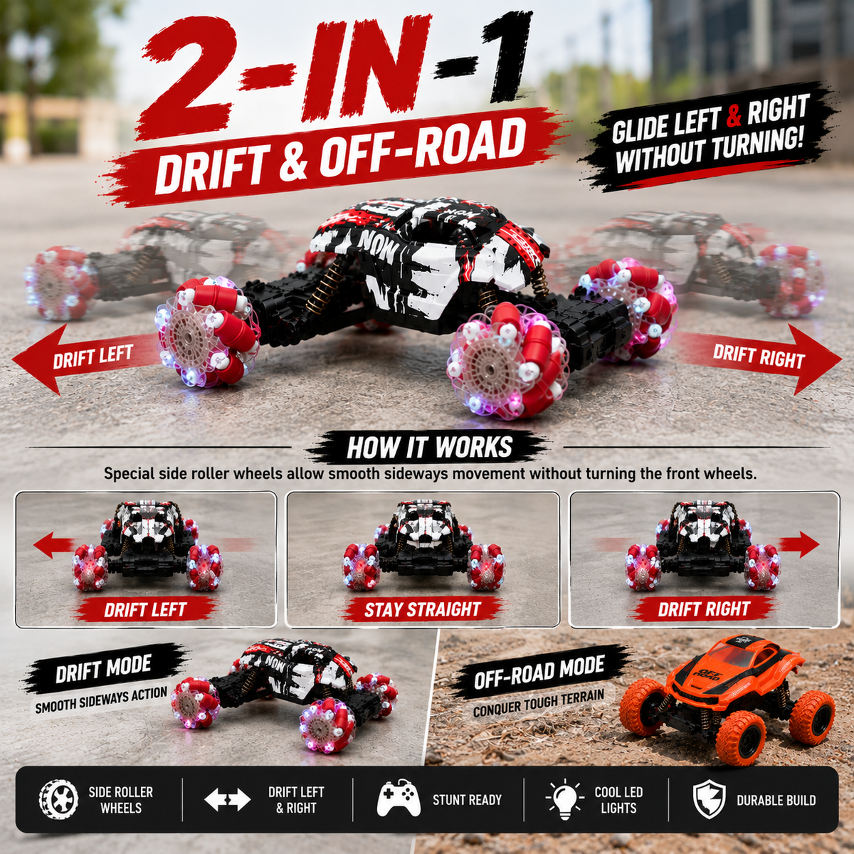 2-in-1 Transform RC Drift & Off-Road Car Toy with Changeable Wheels & Body, 2.4GHz Remote Control, Rechargeable LED Stunt Car for Kids Boys & Girls