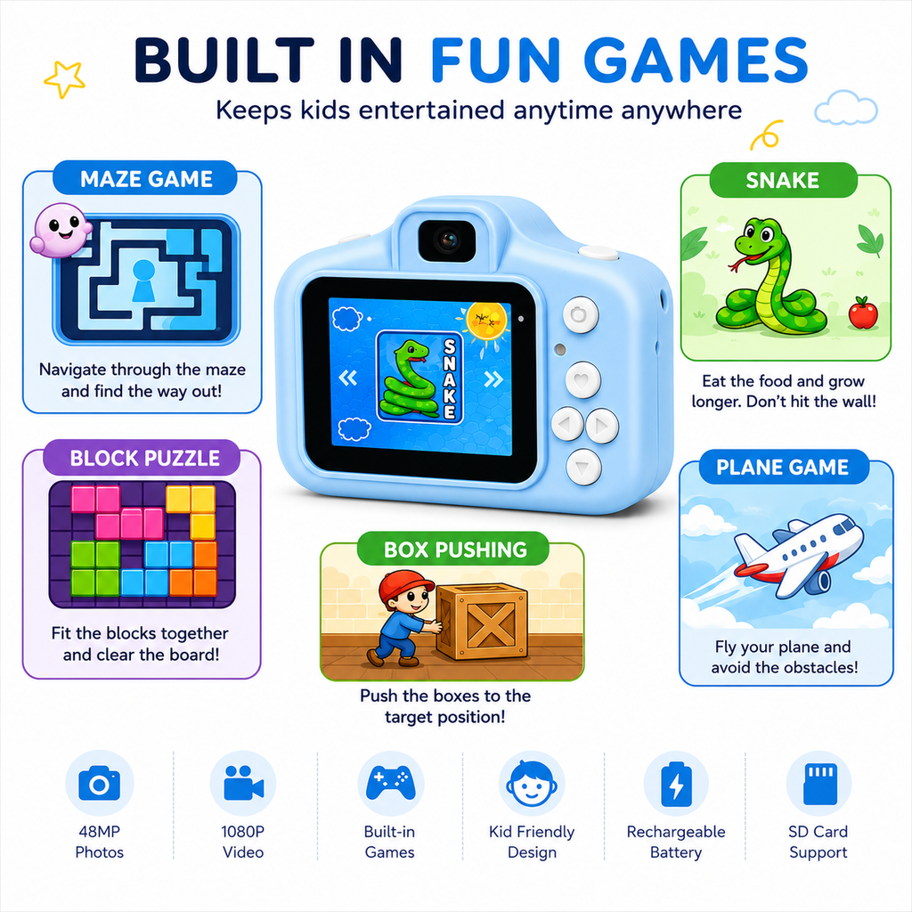 Kids Digital Camera Toy 3.0MP 1080P Video Camera with 2-Inch Screen & 32GB Capacity USB Rechargeable with Games,Filters,Time-Lapse Educational Birthday Gift for Boys & Girls Age 3–12