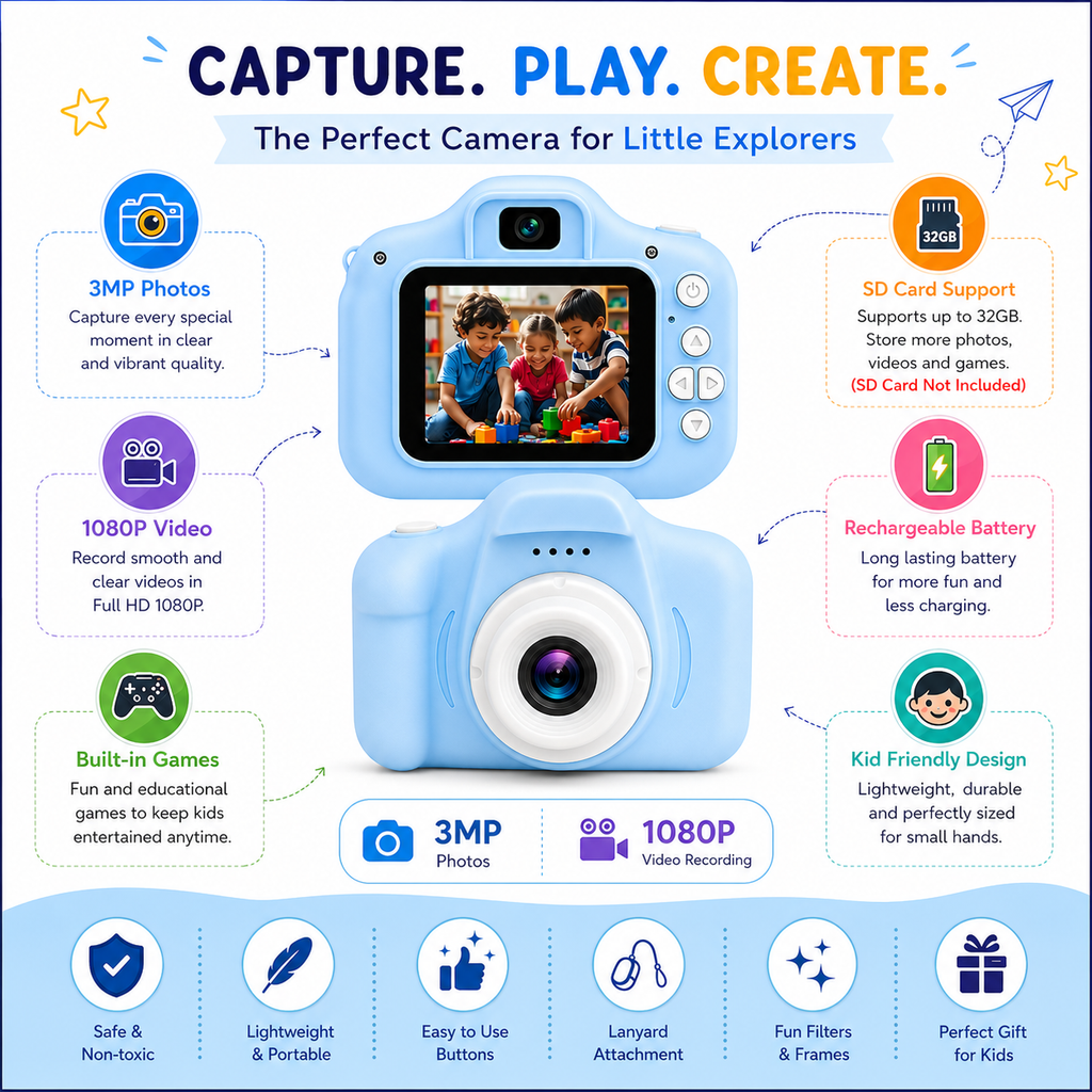Kids Digital Camera Toy 3.0MP 1080P Video Camera with 2-Inch Screen & 32GB Capacity USB Rechargeable with Games,Filters,Time-Lapse Educational Birthday Gift for Boys & Girls Age 3–12