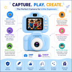 Kids Digital Camera Toy 3.0MP 1080P Video Camera with 2-Inch Screen & 32GB Capacity USB Rechargeable with Games,Filters,Time-Lapse Educational Birthday Gift for Boys & Girls Age 3–12