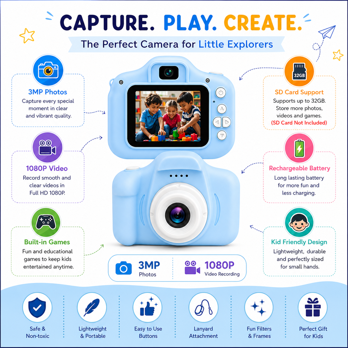 Kids Digital Camera Toy 3.0MP 1080P Video Camera with 2-Inch Screen & 32GB Capacity USB Rechargeable with Games,Filters,Time-Lapse Educational Birthday Gift for Boys & Girls Age 3–12