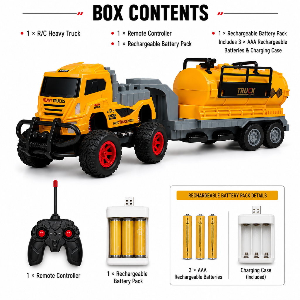 Off-Road RC Tanker Truck Toy with Flexible Cab & Detachable Trailer for Kids + Rechargable Battery