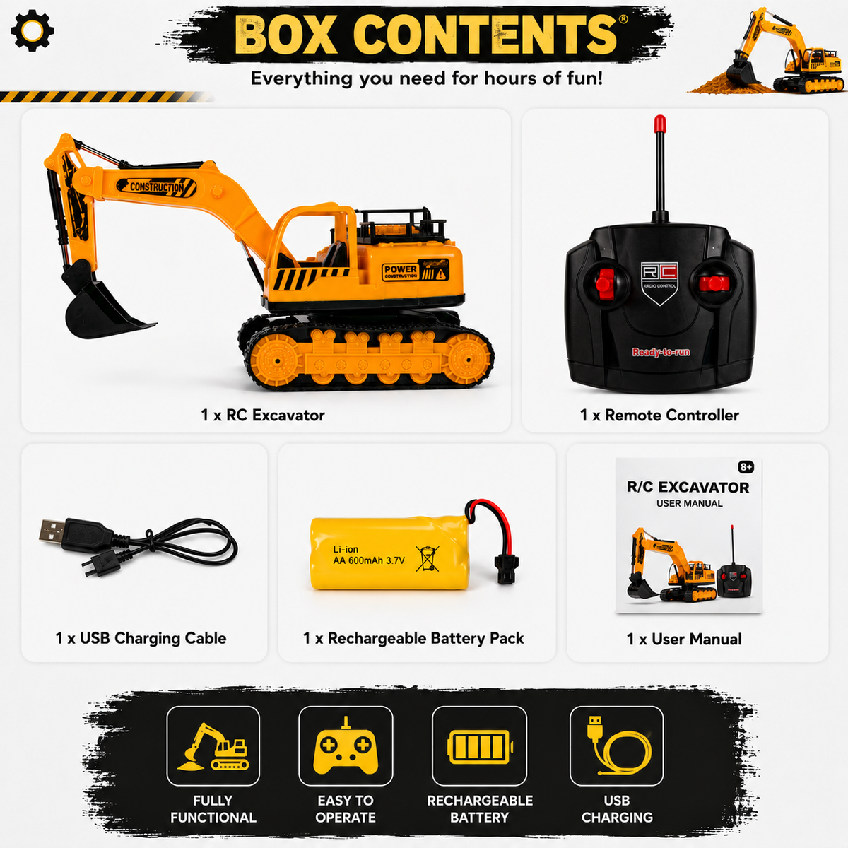 Remote Control Excavator Toy with Rechargeable Battery – Construction Digger for Kids