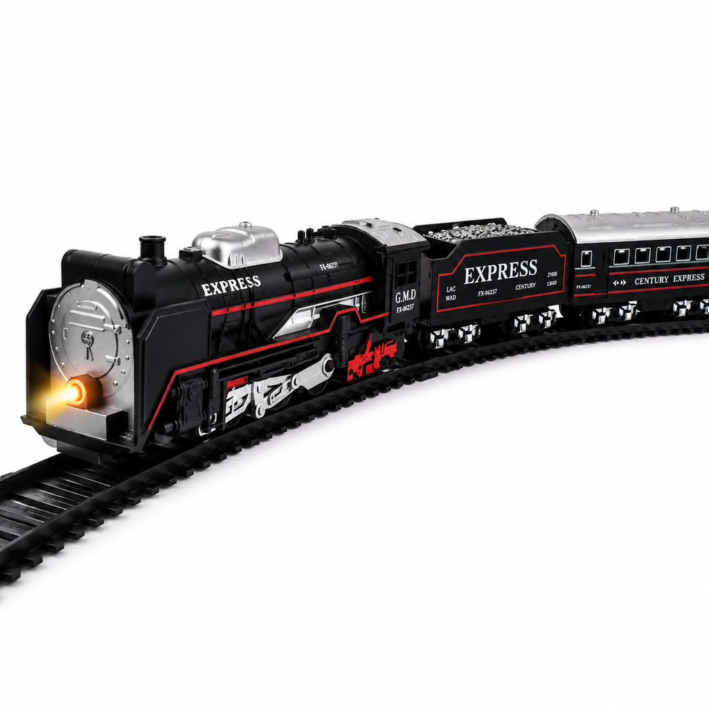 Small Black Train  - Battery Operated Steam Engine with Coal & Passenger Coach 10 (30 Inch) Round Track - Vintage Style Toy Train with Lights & Sound for Kids