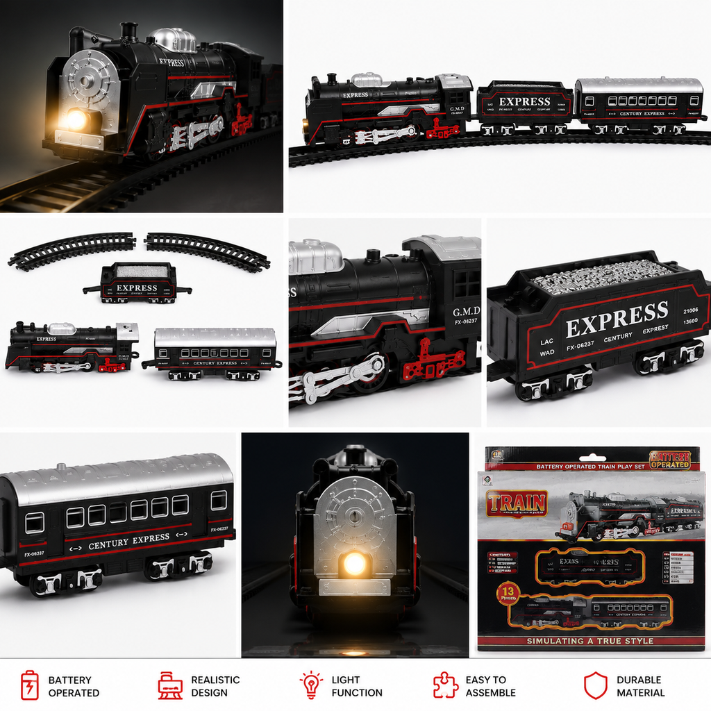 Small Black Train  - Battery Operated Steam Engine with Coal & Passenger Coach 10 (30 Inch) Round Track - Vintage Style Toy Train with Lights & Sound for Kids