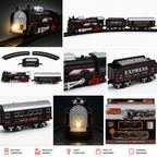 Small Black Train  - Battery Operated Steam Engine with Coal & Passenger Coach 10 (30 Inch) Round Track - Vintage Style Toy Train with Lights & Sound for Kids
