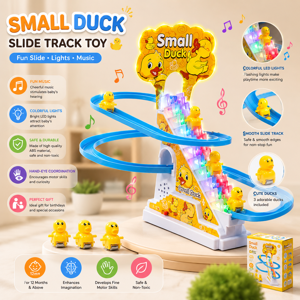 Funny Automatic Duck Chasing Race Track Game Set, Climbing Duckling Lovely Toy Escalator with Lights and Music, Cute Cartoon Ladder with 3 Ducks