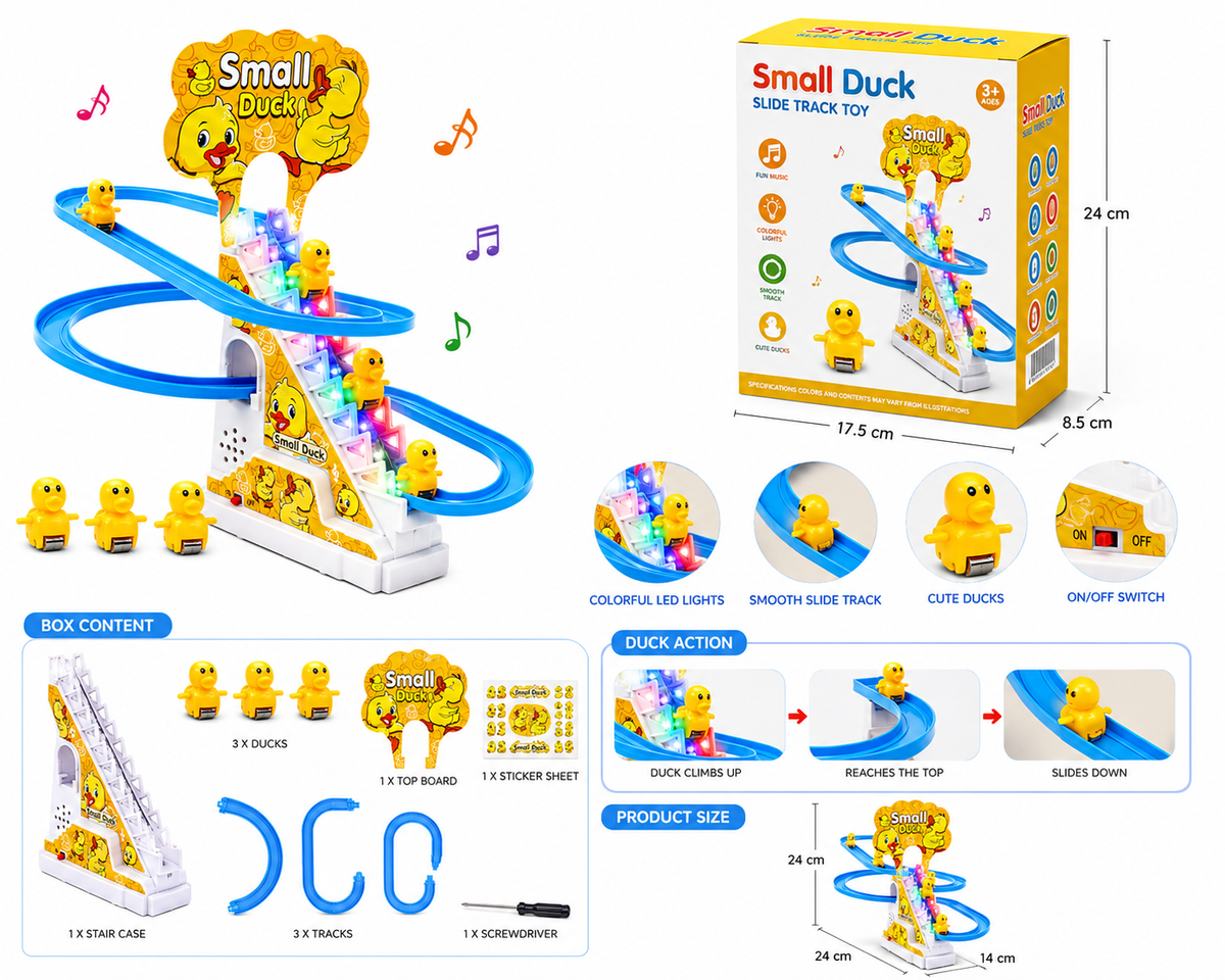 Funny Automatic Duck Chasing Race Track Game Set, Climbing Duckling Lovely Toy Escalator with Lights and Music, Cute Cartoon Ladder with 3 Ducks