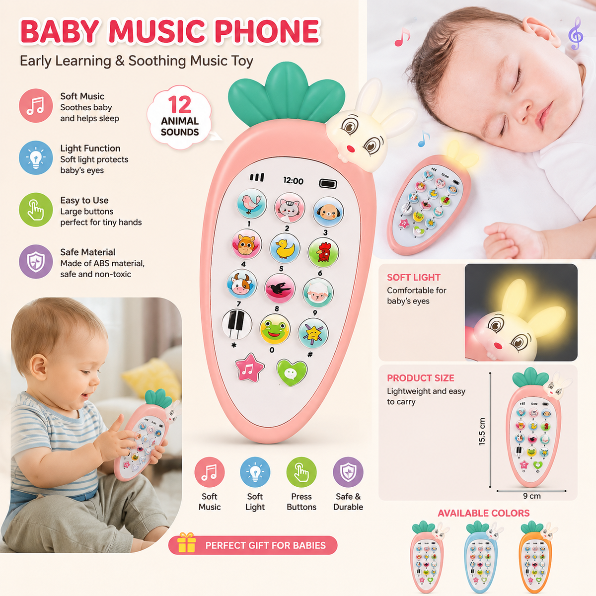 Rabbit Bunny Toy Phone for Toddlers – Radish Style Mobile with Music, Animal Sounds, Lights & 20 Songs | Pretend Play & Birthday Return Gift (Multicolor)