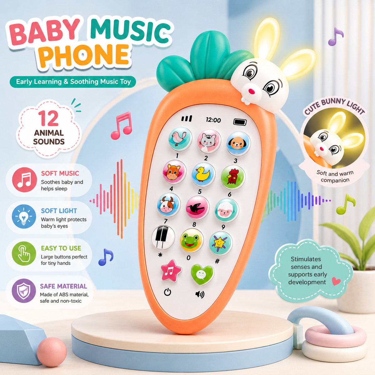 Rabbit Bunny Toy Phone for Toddlers – Radish Style Mobile with Music, Animal Sounds, Lights & 20 Songs | Pretend Play & Birthday Return Gift (Multicolor)