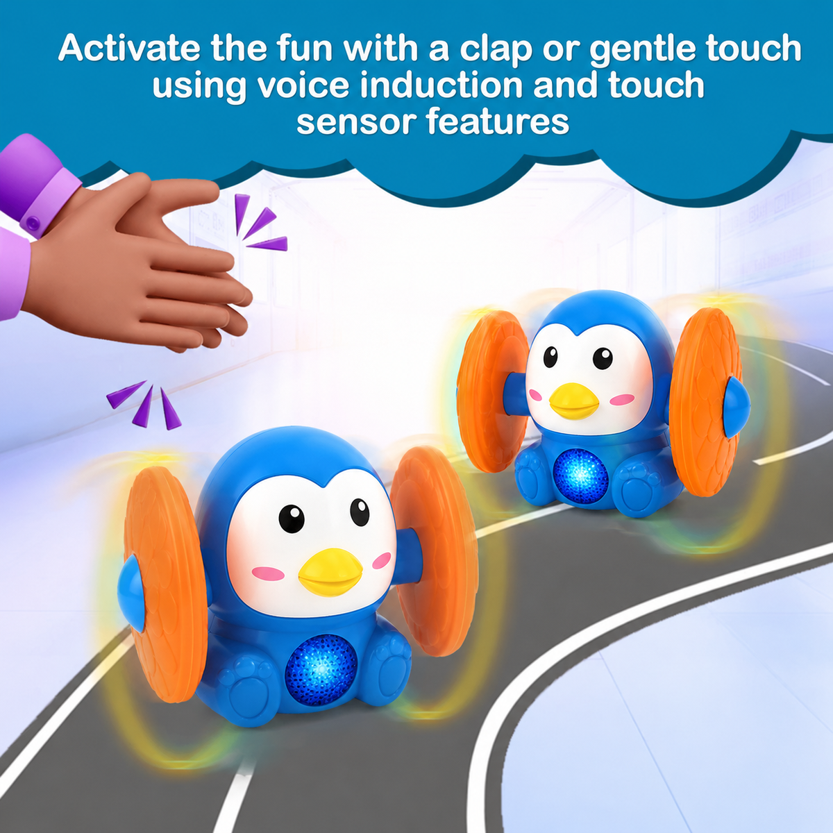Voice Control Banana Dancing Penguin Toy | Spinning, Rolling and Tumbling Toy for Kids with Bright LED Lights & Sound Effects