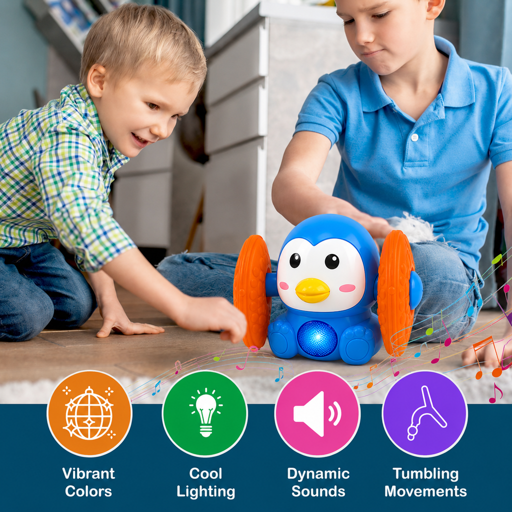 Voice Control Banana Dancing Penguin Toy | Spinning, Rolling and Tumbling Toy for Kids with Bright LED Lights & Sound Effects