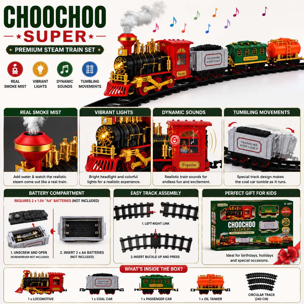 Real Smoke Steam Train Engine Toy Set with Musical Sound, LED Lights & Railway Track for Boys and Girls