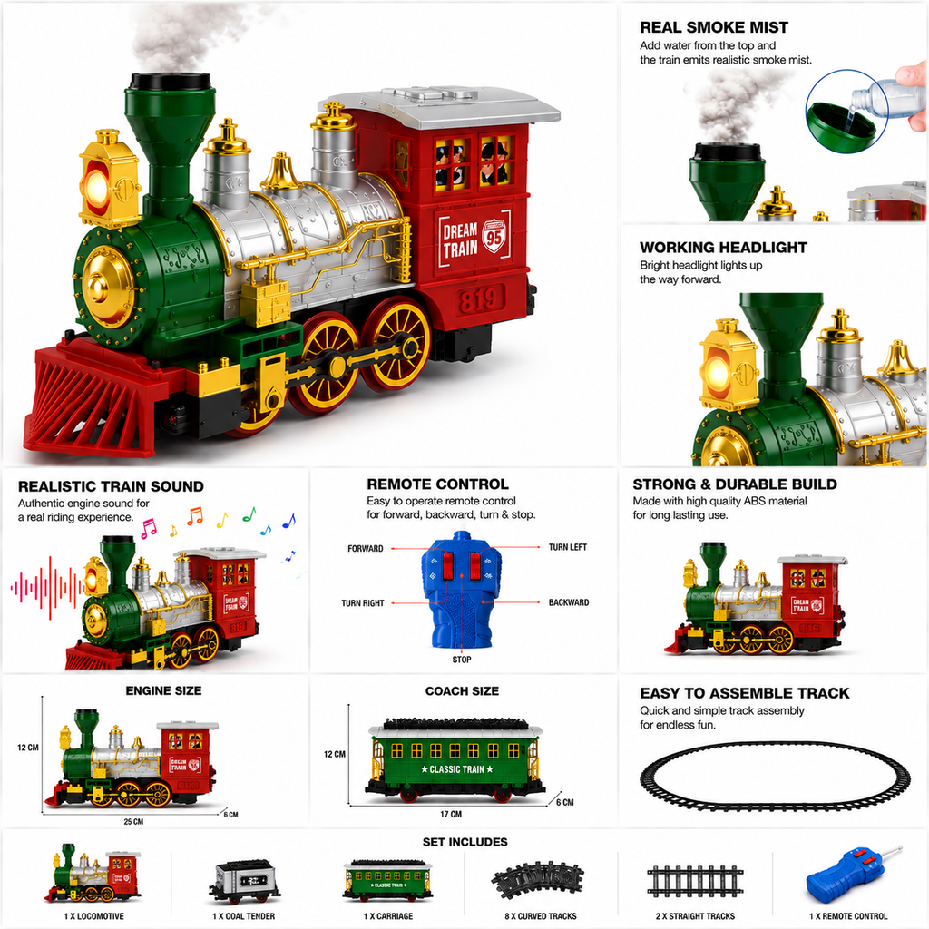 Remote Control Train Set with 345 CM Tracks (14 Pcs) | Battery Operated Classic Toy Train with Light & Sound | Electric RC Engine Train Set for Kids Boys Girls Gift No Smoke