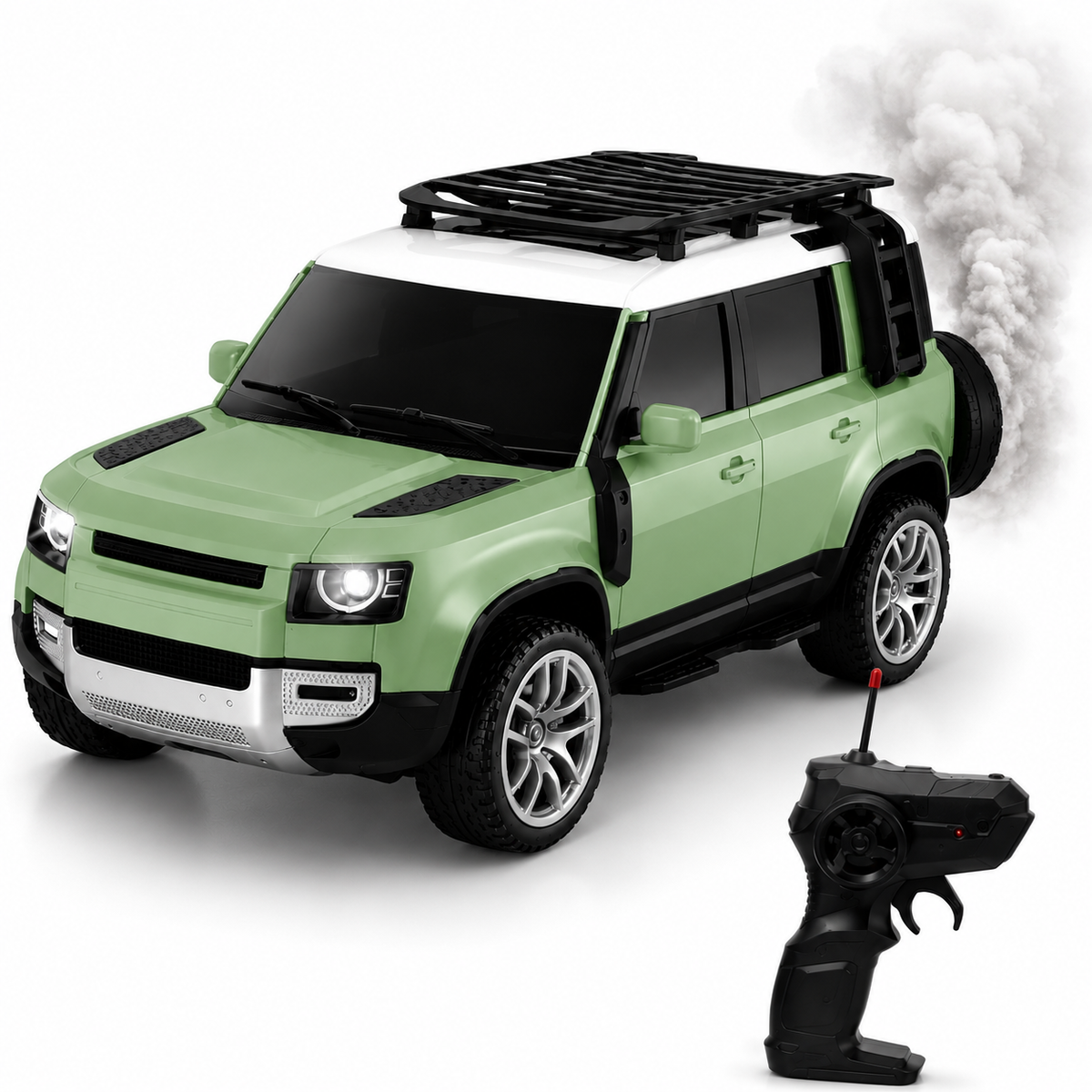 Remote Control SUV Car 1:16 Scale Model with Opening Doors & Hood, LED Lights, Roof Rack, Realistic Green & White Design, Off-Road RC Toy for Kids & Adults