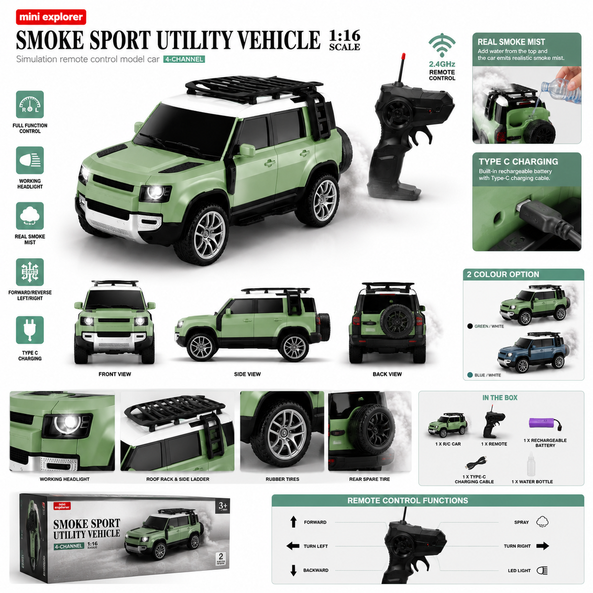Remote Control SUV Car 1:16 Scale Model with Opening Doors & Hood, LED Lights, Roof Rack, Realistic Green & White Design, Off-Road RC Toy for Kids & Adults