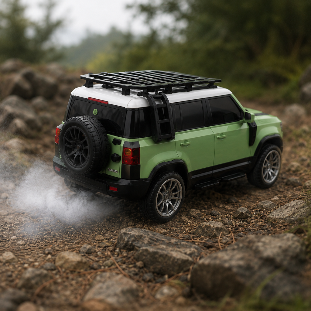 Remote Control SUV Car 1:16 Scale Model with Opening Doors & Hood, LED Lights, Roof Rack, Realistic Green & White Design, Off-Road RC Toy for Kids & Adults
