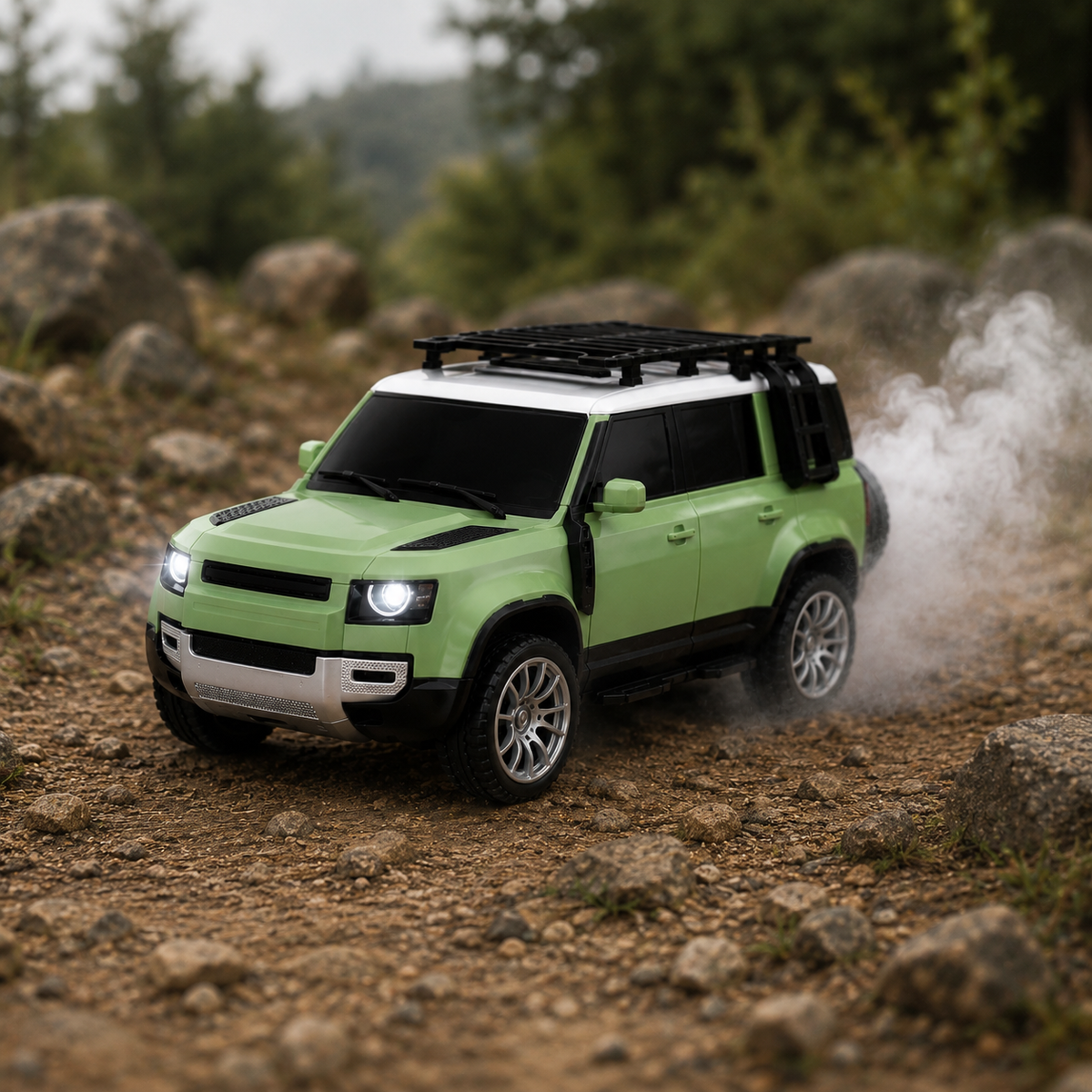 Remote Control SUV Car 1:16 Scale Model with Opening Doors & Hood, LED Lights, Roof Rack, Realistic Green & White Design, Off-Road RC Toy for Kids & Adults